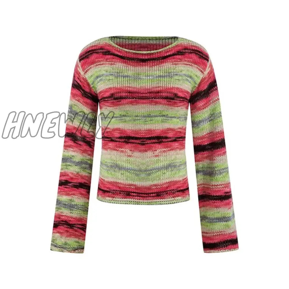 Hnewly Autumn Winter 90S Vintage Knitted Sweaters Striped Crimping Cropped Pullovers Chic Women