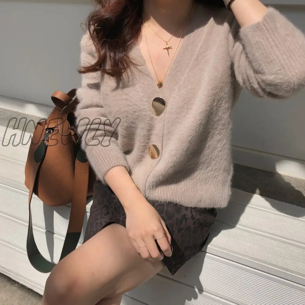 Hnewly Autumn Winter Fashion Women Mink Cashmere Cardigan Sweater Female V-Neck Knitted Long Haired