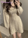Hnewly Autumn Winter Knit Knitted Sweater Dress Women Vintage Casual Solid Slim Wrap Long Sleeve Mini Short Dresses Party