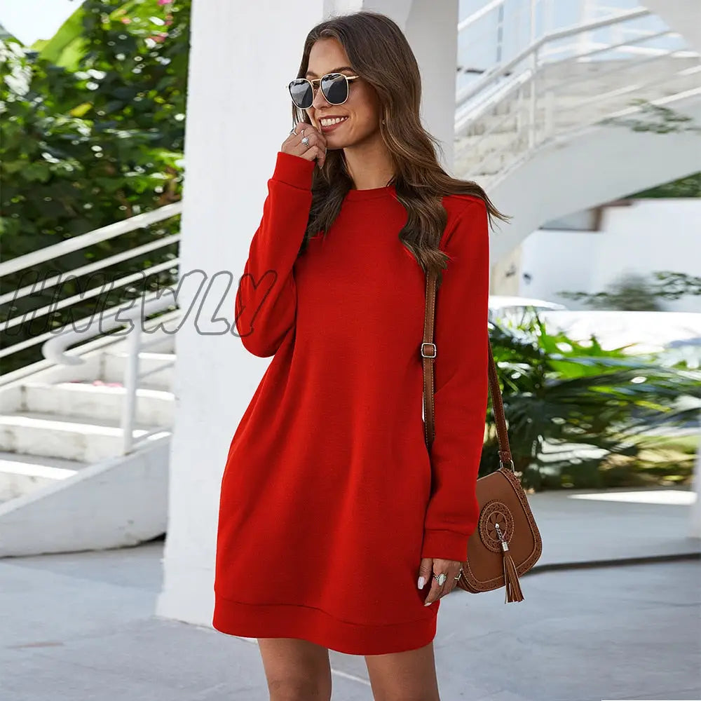 Hnewly Autumn Winter O Neck Long Sleeve Women’s Sweatshirt Dress New Fashion Solid Loose Pocket