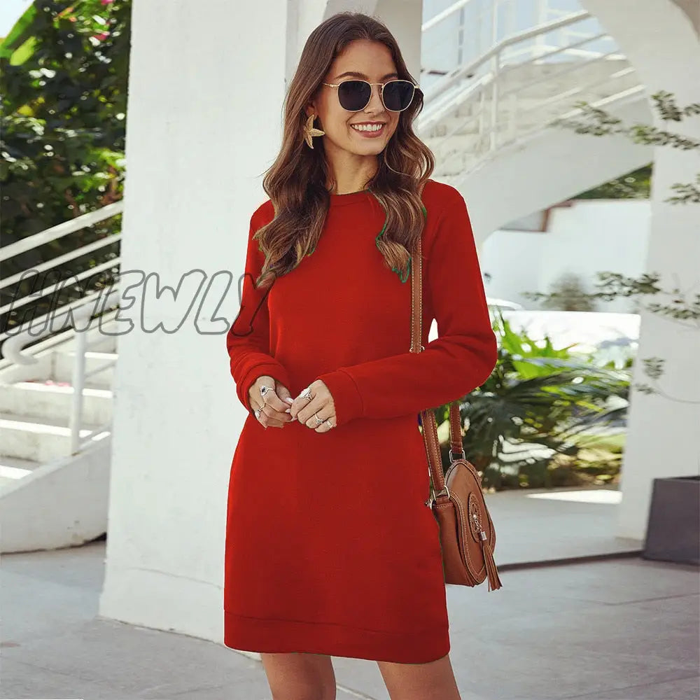 Hnewly Autumn Winter O Neck Long Sleeve Women’s Sweatshirt Dress New Fashion Solid Loose Pocket