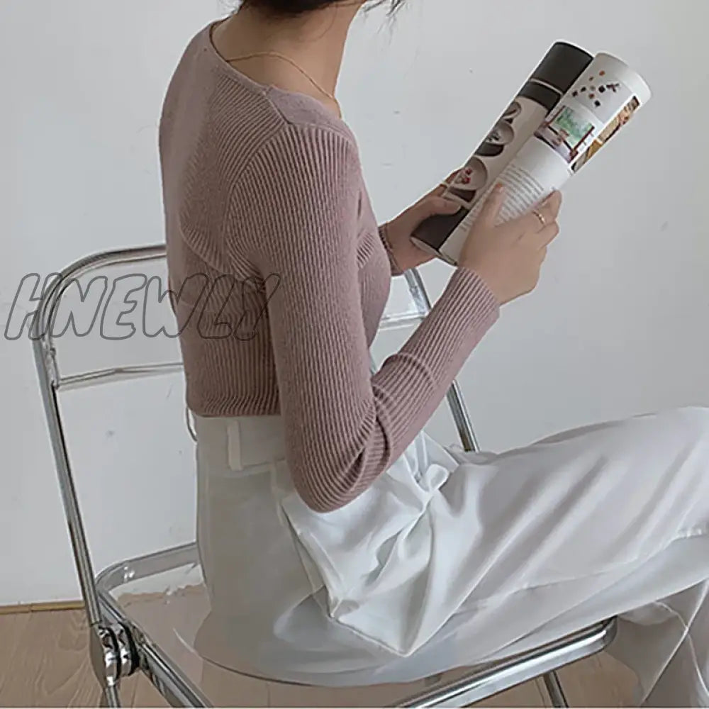 Hnewly Autumn Winter Screw Basic White Black Knitted T Shirt Women Long Sleeve Tops T-Shirts V Neck