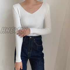 Hnewly Autumn Winter Screw Basic White Black Knitted T Shirt Women Long Sleeve Tops T-Shirts V Neck