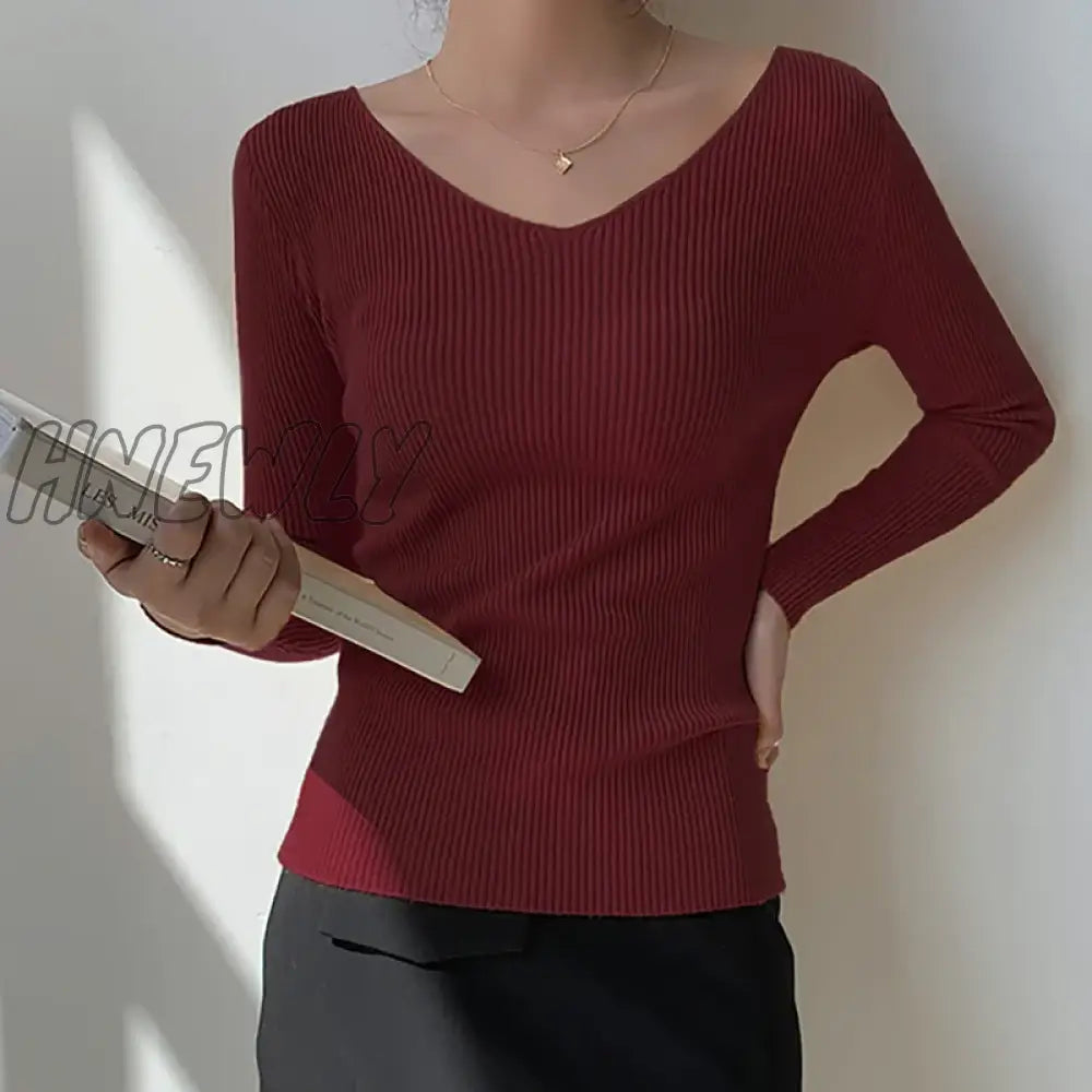 Hnewly Autumn Winter Screw Basic White Black Knitted T Shirt Women Long Sleeve Tops T-Shirts V Neck