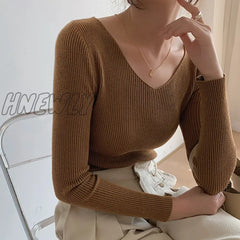 Hnewly Autumn Winter Screw Basic White Black Knitted T Shirt Women Long Sleeve Tops T-Shirts V Neck