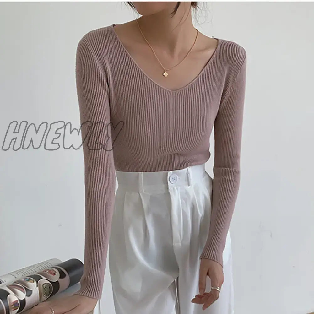 Hnewly Autumn Winter Screw Basic White Black Knitted T Shirt Women Long Sleeve Tops T-Shirts V Neck