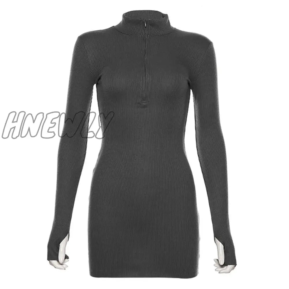 Hnewly Autumn Winter Stretch Slim Soft Ribbed Knitted Turtleneck Dress Woman Fashion Solid Black
