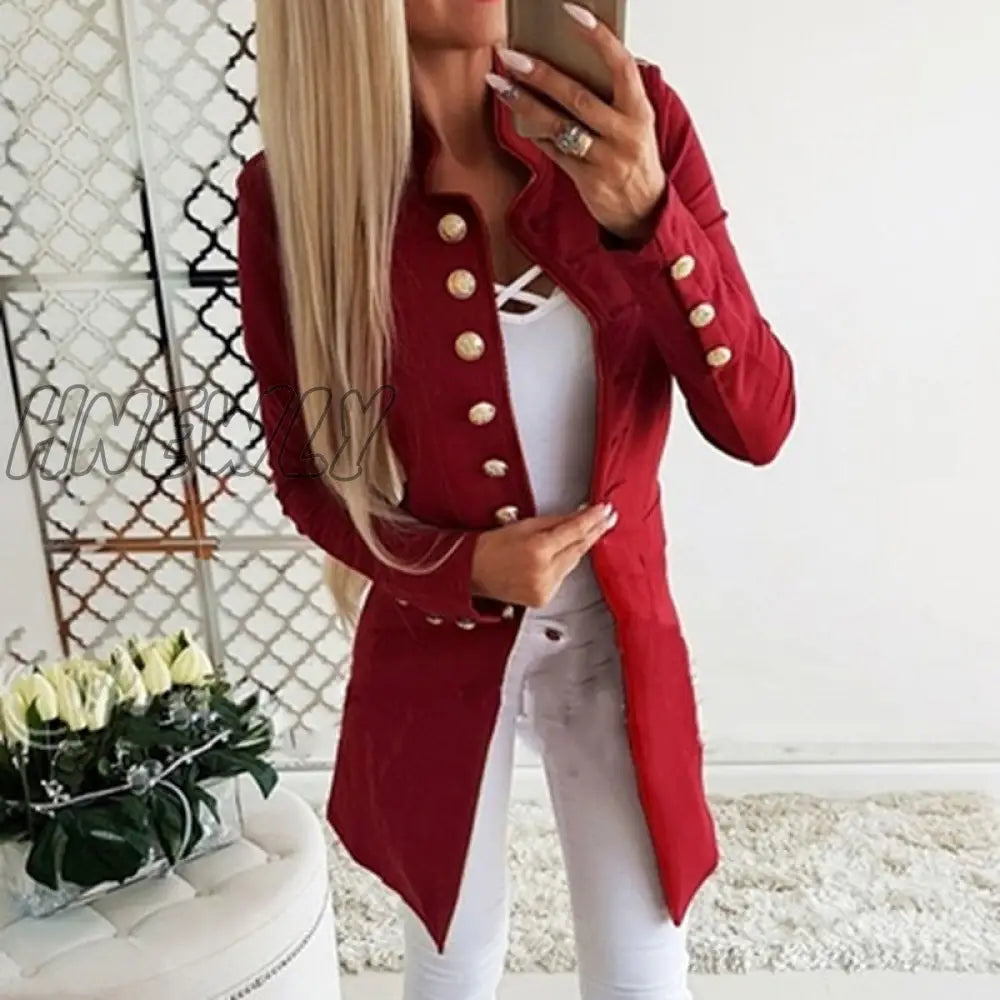 Hnewly Autumn Winter Suit Blazer Women Casual Single Breasted Pocket Long Jackets Elegant Sleeve