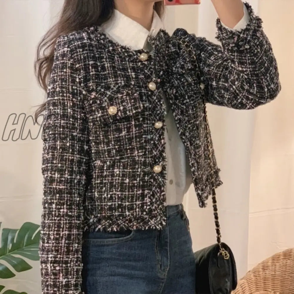 Hnewly Autumn Winter Tweed Jackets Women O - Neck Long Sleeve Loose Wool Coat Single Breasted