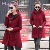 Hnewly Autumn Winter Women’s Fleece Jacket Coats Female Long Hooded Outerwear Warm Thick Red Slim