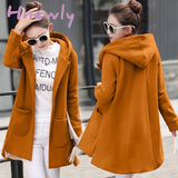 Hnewly Autumn Winter Women's Fleece Jacket Coats Female Long Hooded Coats Outerwear Warm Thick Female Red Slim Fit Hoodies Jackets