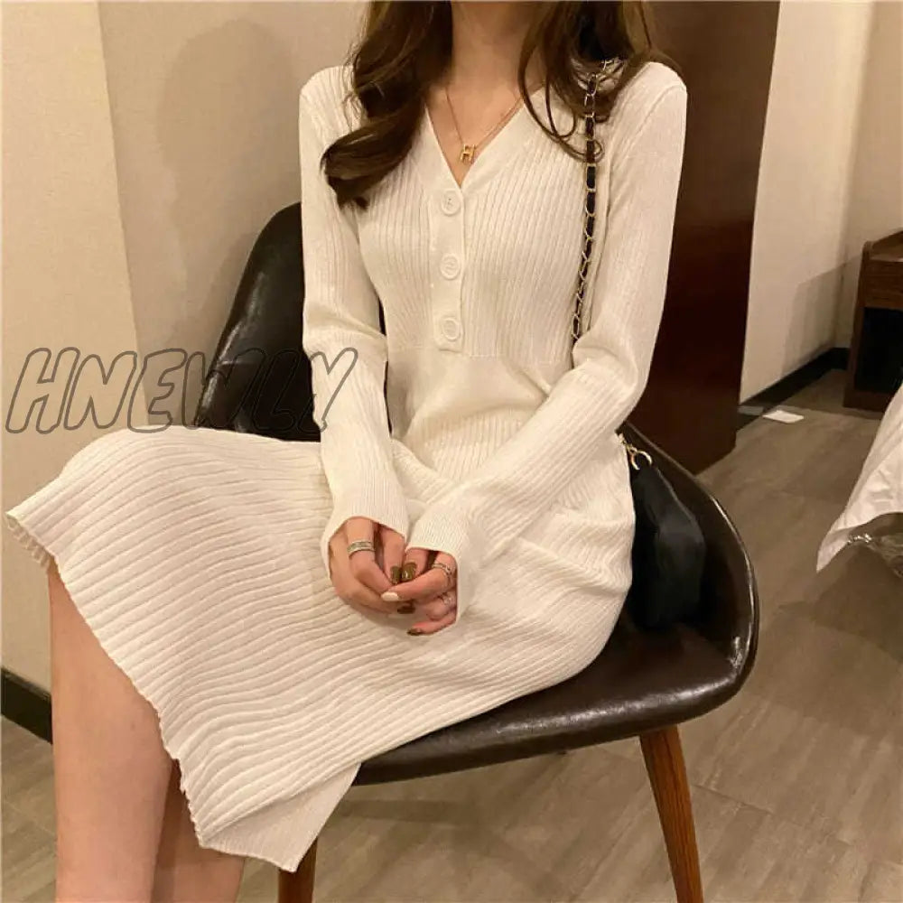 Hnewly Autumn Winter Women’s Woolen V - Neck Knitted Party Long Sleeve White Bodycon Casual Dress