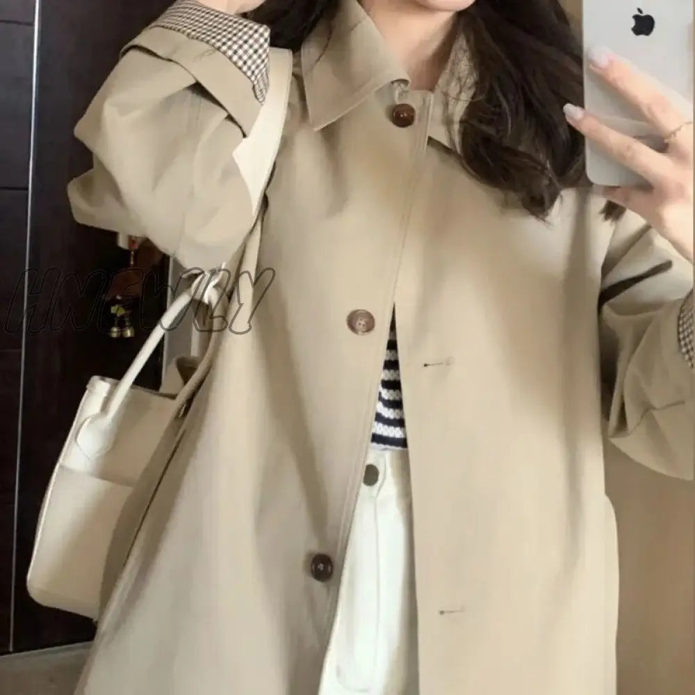 Hnewly Autumn Women Khaki Trench England Style Elegant Single Breasted Long Coats Belt Slim Turn
