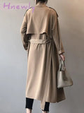 Hnewly Autumn Women Solid Color Long Trench Coat Turn Down Collar Sleeve Khaki Female Elegant Office