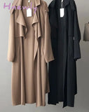Hnewly Autumn Women Solid Color Long Trench Coat Turn Down Collar Sleeve Khaki Female Elegant Office