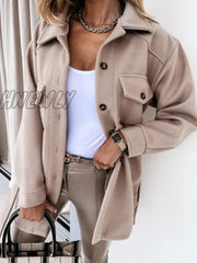 Hnewly Autumn Women’s Single - Breasted Woolen Jacket Elegant Button Pocket Solid Color Coat