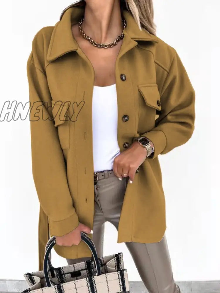 Hnewly Autumn Women’s Single - Breasted Woolen Jacket Elegant Button Pocket Solid Color Coat