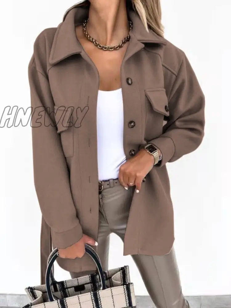 Hnewly Autumn Women’s Single - Breasted Woolen Jacket Elegant Button Pocket Solid Color Coat