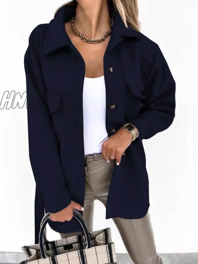Hnewly Autumn Women’s Single - Breasted Woolen Jacket Elegant Button Pocket Solid Color Coat