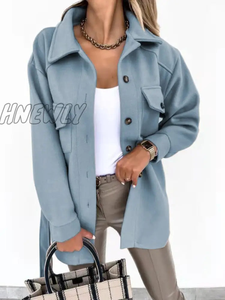 Hnewly Autumn Women’s Single - Breasted Woolen Jacket Elegant Button Pocket Solid Color Coat