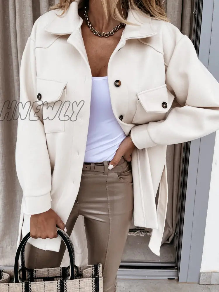 Hnewly Autumn Women’s Single - Breasted Woolen Jacket Elegant Button Pocket Solid Color Coat