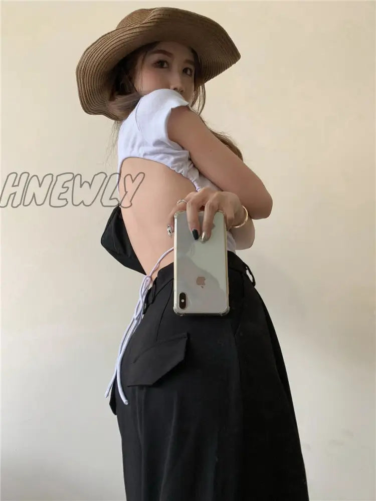 Hnewly Backless Bandage High Neck Solid T-Shirt Woman’s Simplicity Slim Crop Top Woman Fashion