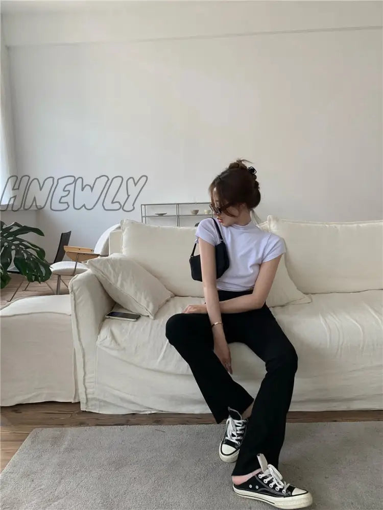 Hnewly Backless Bandage High Neck Solid T-Shirt Woman’s Simplicity Slim Crop Top Woman Fashion