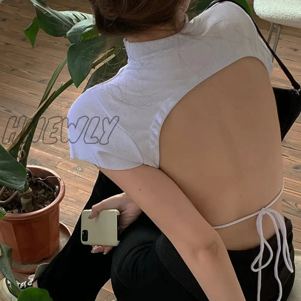 Hnewly Backless Bandage High Neck Solid T-Shirt Woman’s Simplicity Slim Crop Top Woman Fashion