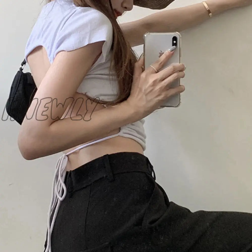 Hnewly Backless Bandage High Neck Solid T-Shirt Woman’s Simplicity Slim Crop Top Woman Fashion