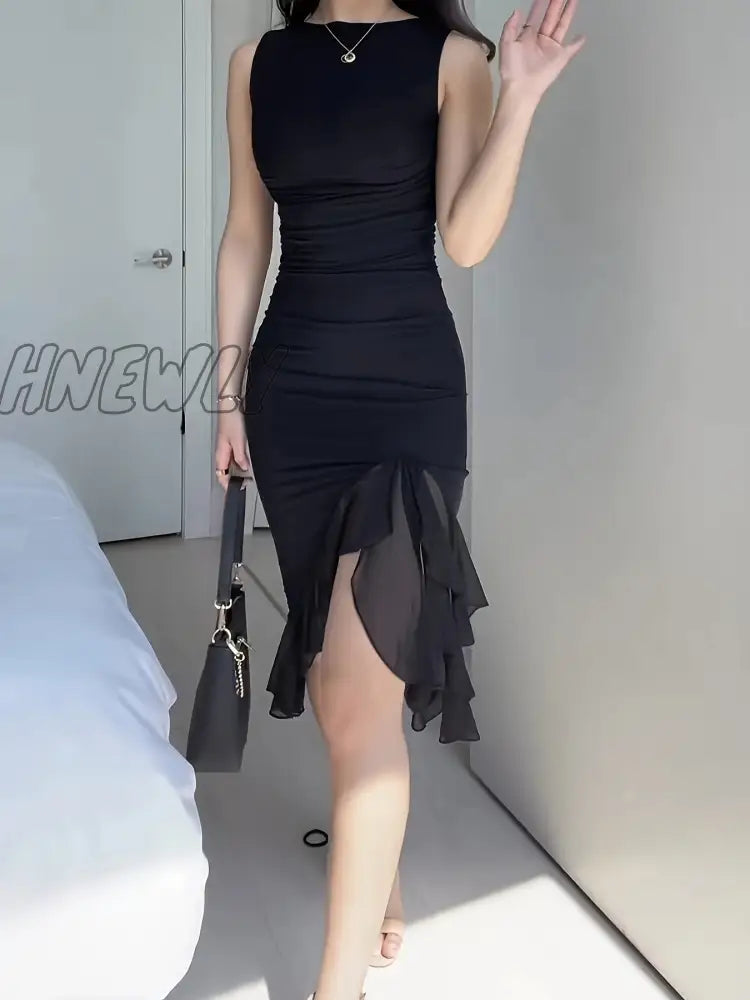 Hnewly Backless Ruffle Hem Dress Club Wear Sleeveless Bodycon Women’s Clothing