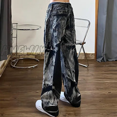 Hnewly Baggy Black Jeans Women Tie Dye Washed Straight Wide Leg Pants High Waist Goth Vintage