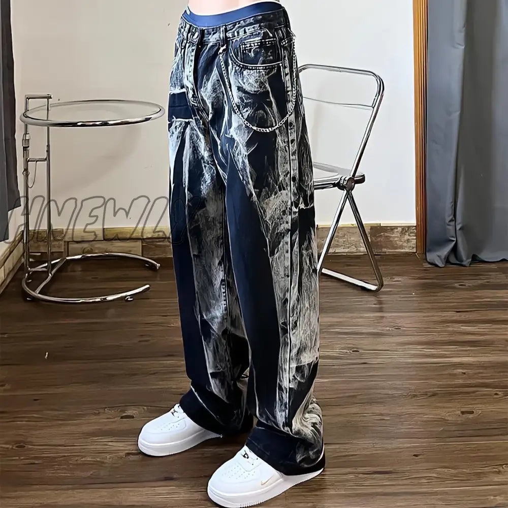 Hnewly Baggy Black Jeans Women Tie Dye Washed Straight Wide Leg Pants High Waist Goth Vintage