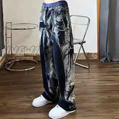 Hnewly Baggy Black Jeans Women Tie Dye Washed Straight Wide Leg Pants High Waist Goth Vintage