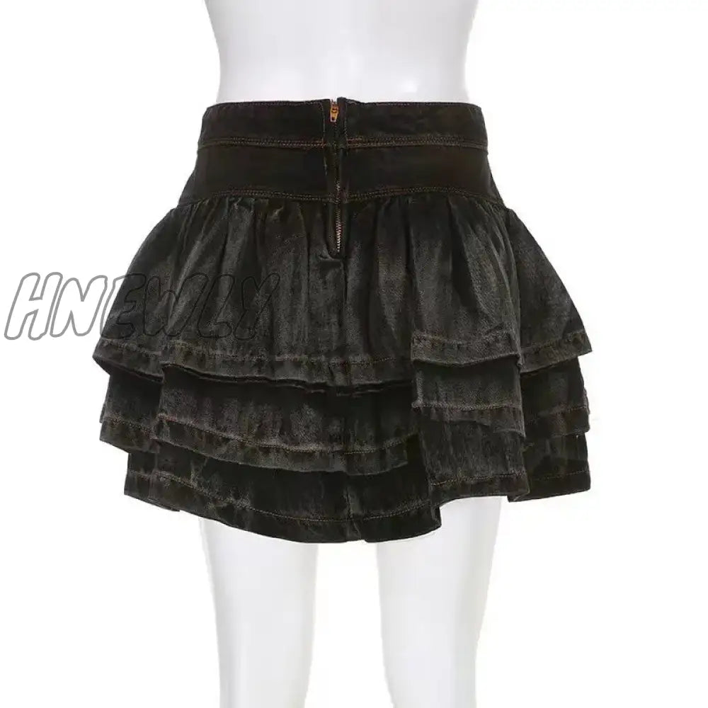 Hnewly Ball Gown Skirts Women Mini Loose Denim Ruffles Vintage Hotsweet All-Match Punk Style Casual