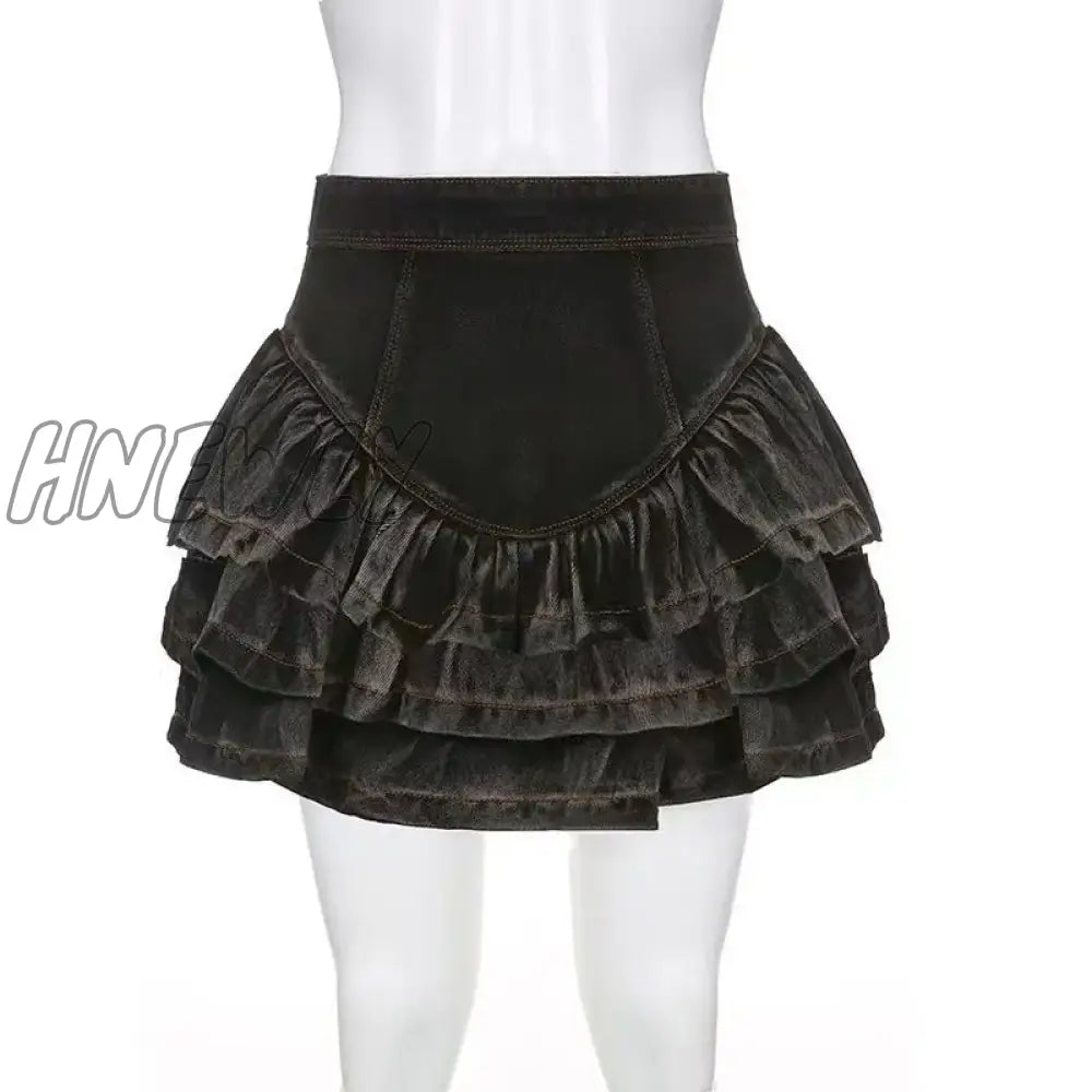Hnewly Ball Gown Skirts Women Mini Loose Denim Ruffles Vintage Hotsweet All-Match Punk Style Casual