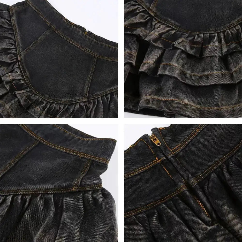 Hnewly Ball Gown Skirts Women Mini Loose Denim Ruffles Vintage Hotsweet All-Match Punk Style Casual