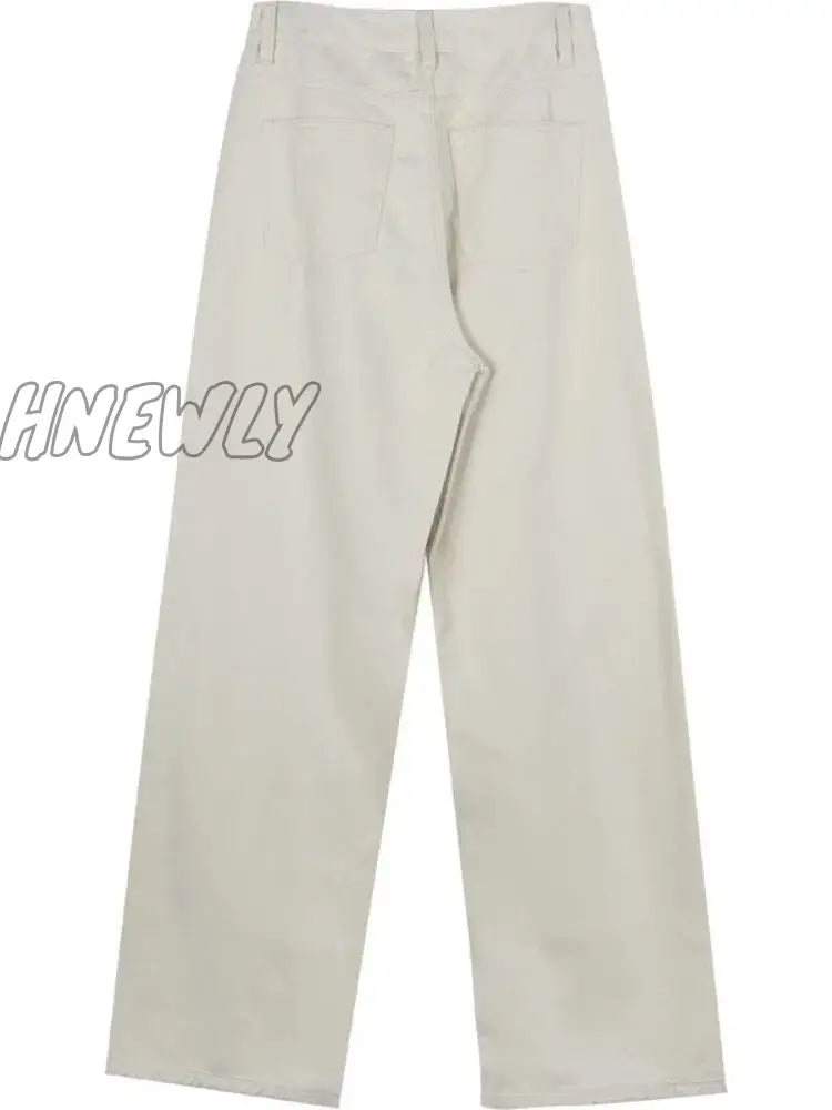 Hnewly Beige Jeans Baggy Women Casual Denim Trousers Vintage High Waist Wide Leg Pants Classic
