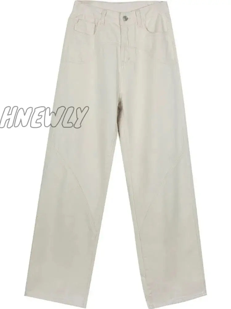 Hnewly Beige Jeans Baggy Women Casual Denim Trousers Vintage High Waist Wide Leg Pants Classic