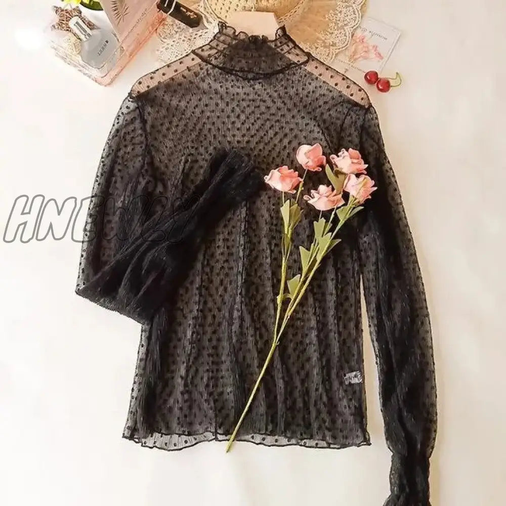 Hnewly Bella Philosophy Women High Collar Mesh Perspective Blouse Summer Thin See Through Slim