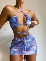 Hnewly Bikini Pink Print Swimwear Women Skirts 3 Pieces Set Halter String Swimsuit Sexy Bathing