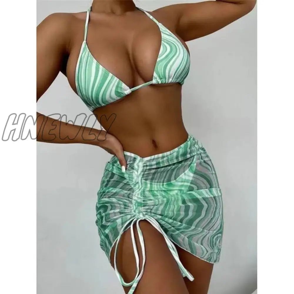 Hnewly Bikini Pink Print Swimwear Women Skirts 3 Pieces Set Halter String Swimsuit Sexy Bathing