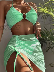 Hnewly Bikini Pink Print Swimwear Women Skirts 3 Pieces Set Halter String Swimsuit Sexy Bathing