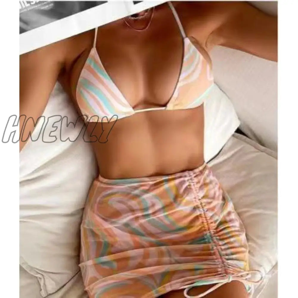Hnewly Bikini Pink Print Swimwear Women Skirts 3 Pieces Set Halter String Swimsuit Sexy Bathing