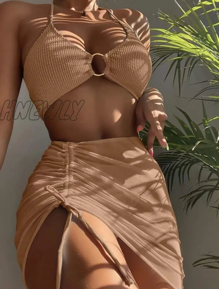 Hnewly Bikini Pink Print Swimwear Women Skirts 3 Pieces Set Halter String Swimsuit Sexy Bathing
