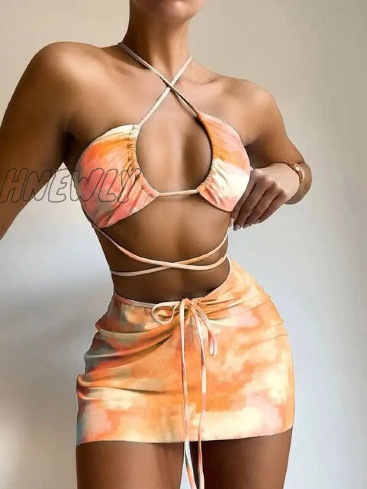 Hnewly Bikini Pink Print Swimwear Women Skirts 3 Pieces Set Halter String Swimsuit Sexy Bathing