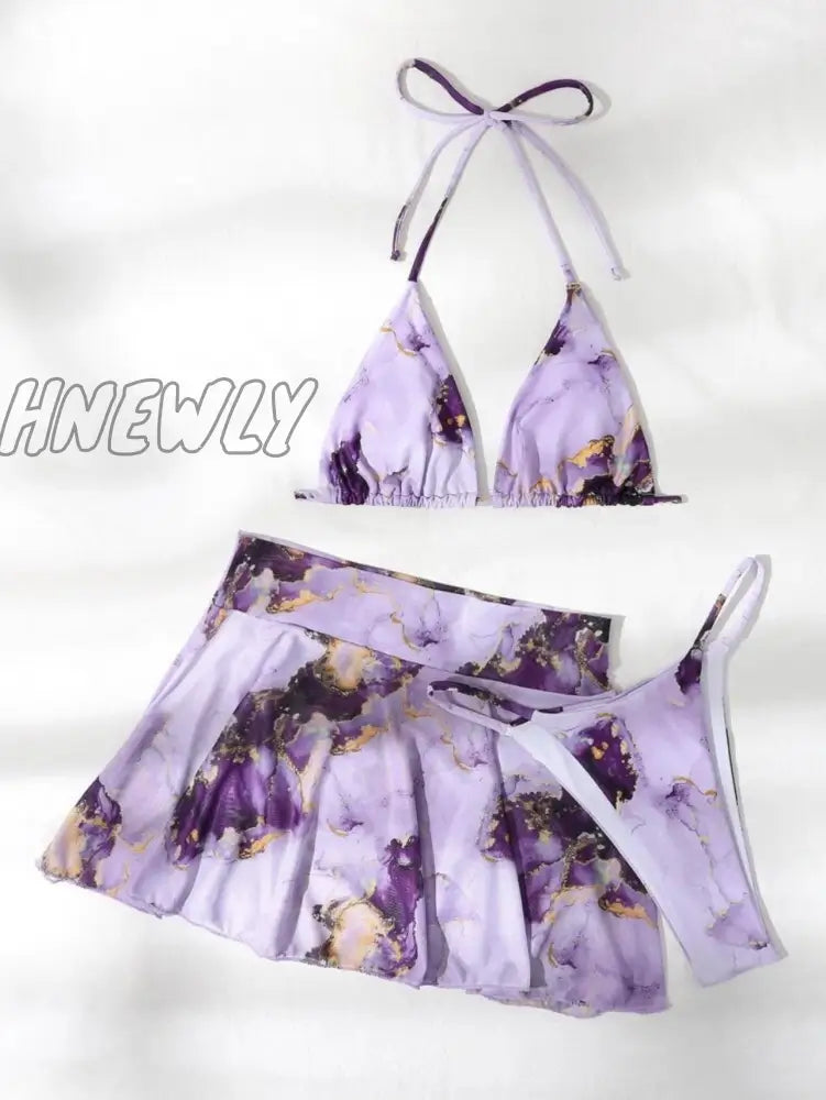 Hnewly Bikini Purple Print Swimwear Women Skirts 3 Pieces Set Halter String Swimsuit Sexy Bathing