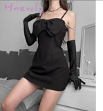 Hnewly Black Bow Sling Dresses With Gloves Women Elegant Evening Party Dress Goth Bodycon Backless