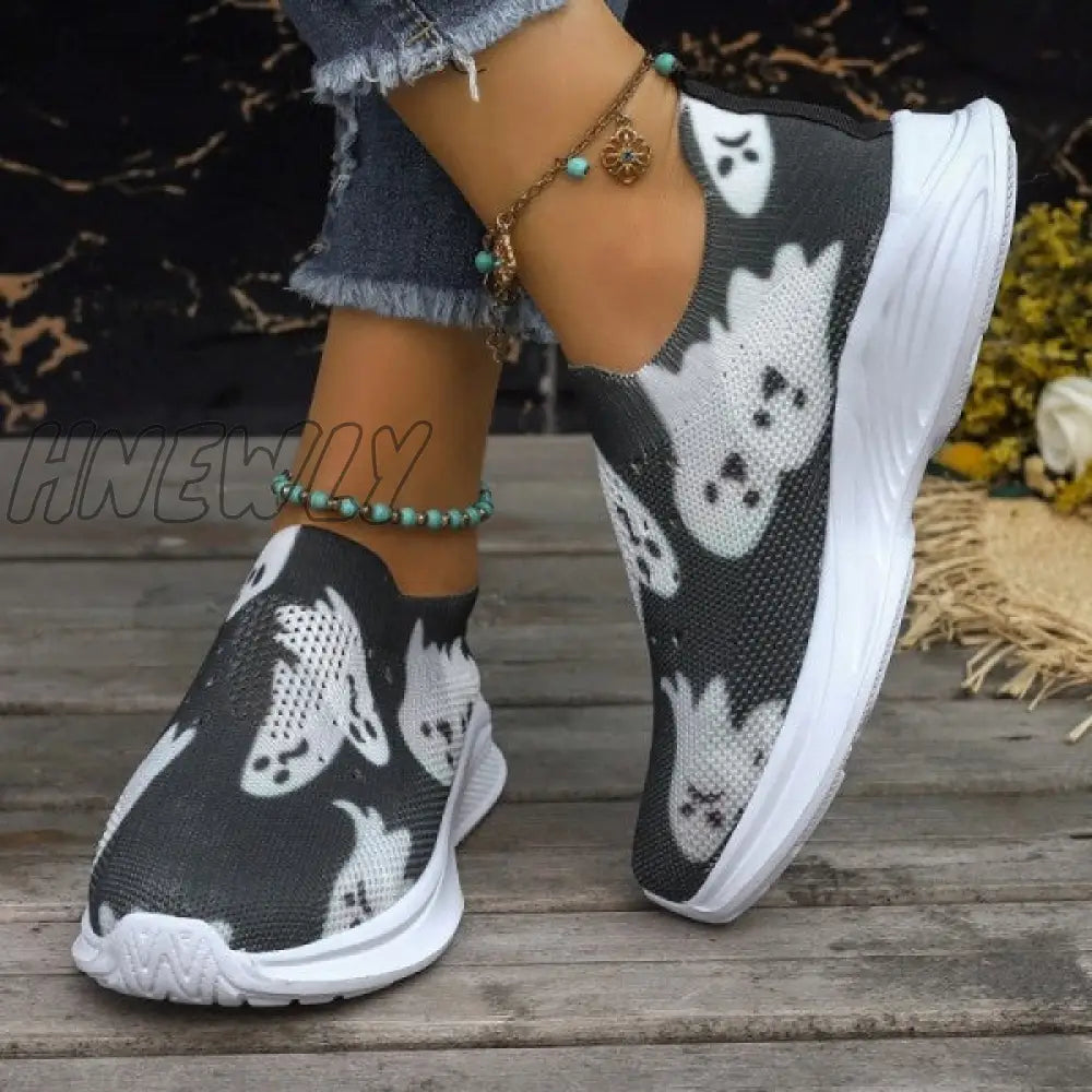 Hnewly - Black Casual Patchwork Printing Round Comfortable Out Door Shoes Shoes Sneakers