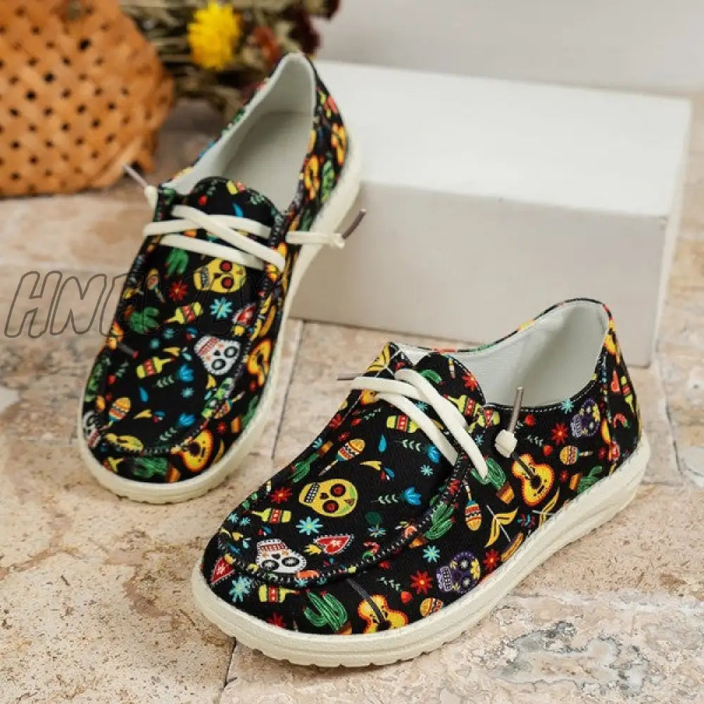Hnewly - Black Casual Patchwork Printing Round Comfortable Shoes Shoes Sneakers