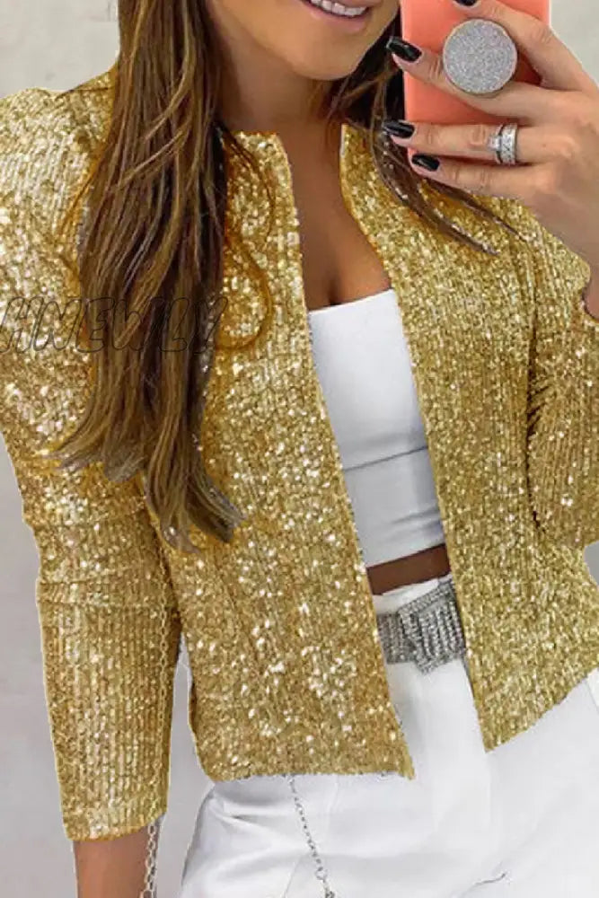 Hnewly - Black Casual Patchwork Sequins Cardigan O Neck Outerwear Coats